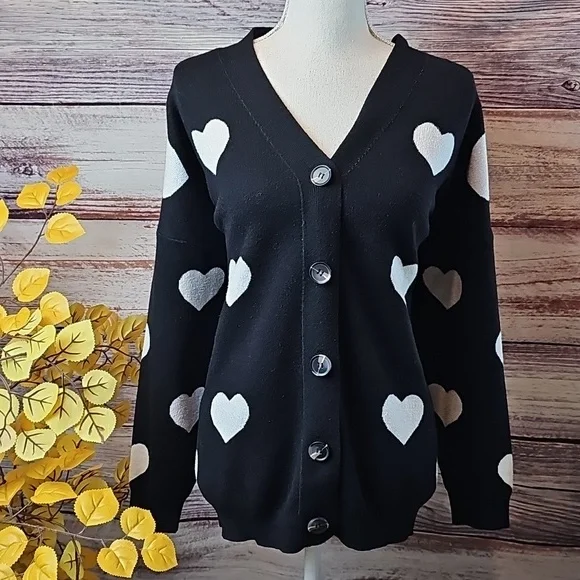 SHEIN BLACK WHITE HEART LONG SLEEVE BUTTON-UP SWEATER CARDIGAN - Picture 2 of 11